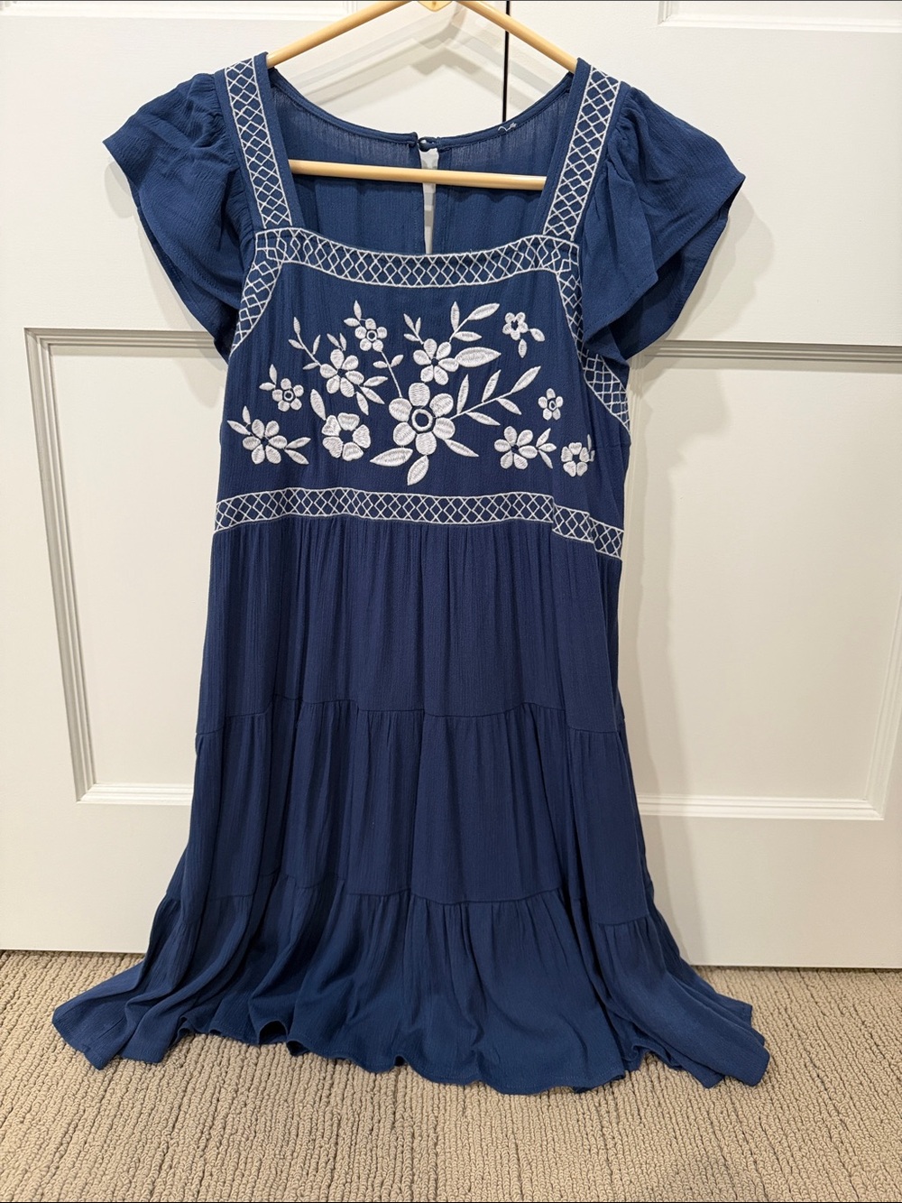 Francesca's Collections Navy Blue Dress with White Floral Embroidery